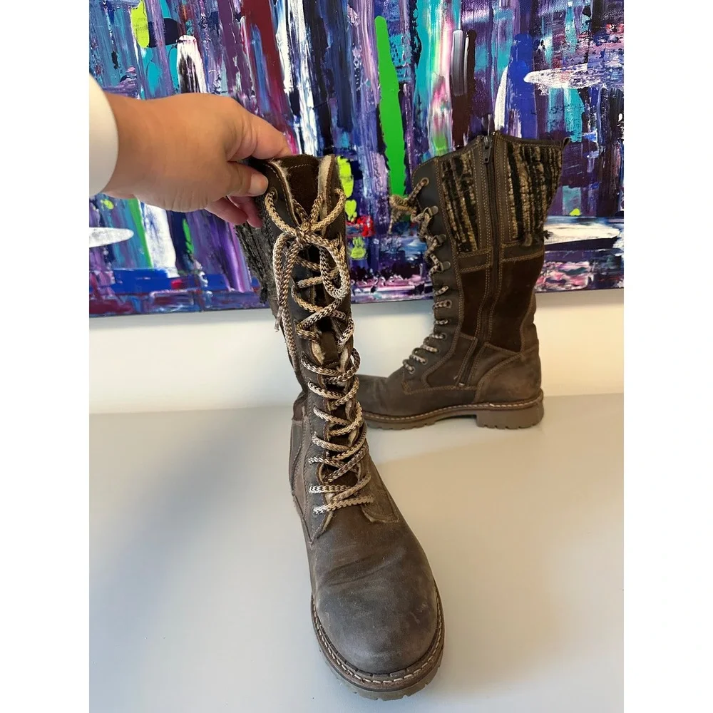Bos & Co Brown Leather Knit Trim Lug Sole Winter Boots | Size 38 / 7.5